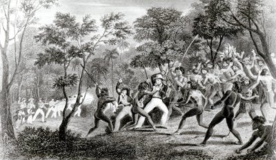 Útok domorodců z ostrovů Gambier, vyrytý Edward Finden, 1831 od Richard B. Beechey